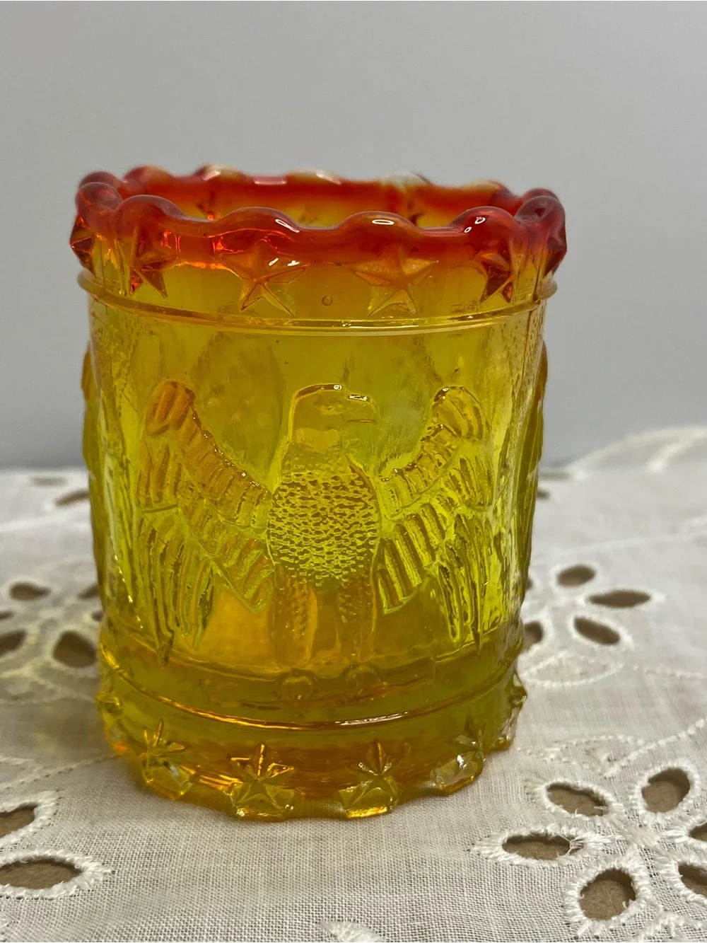 Vintage Kanawha Amberina Glass Toothpick Holder Eagle and Stars Patriotic Design